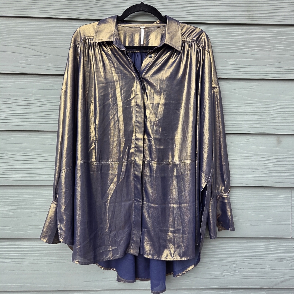 Free People Oversized Boxy Metallic Gold Blouse Bell Sleeve Size XS